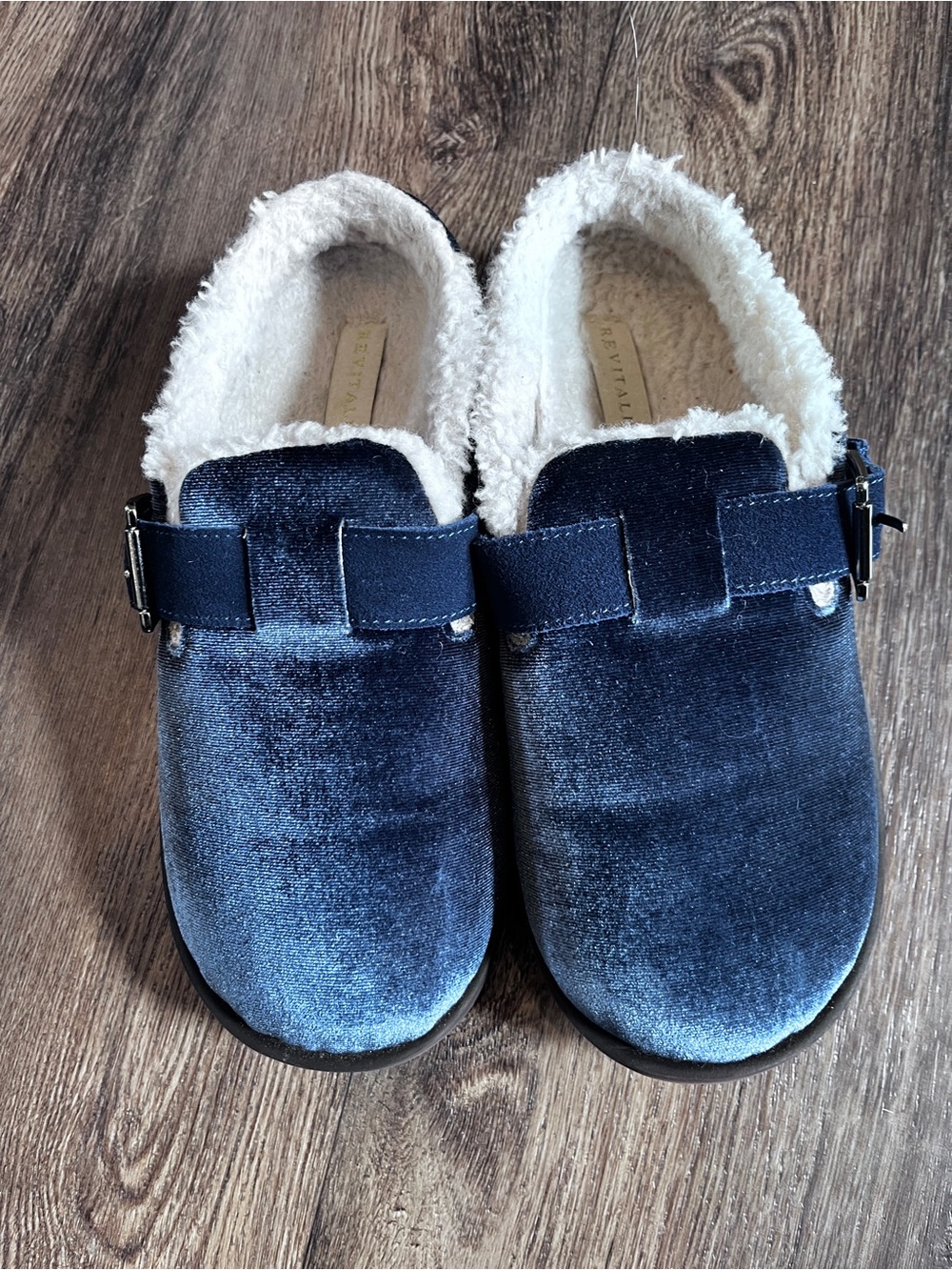 Revitalign Velvet Faux Shearling Lined Slipper with adjustable leather strap 8D